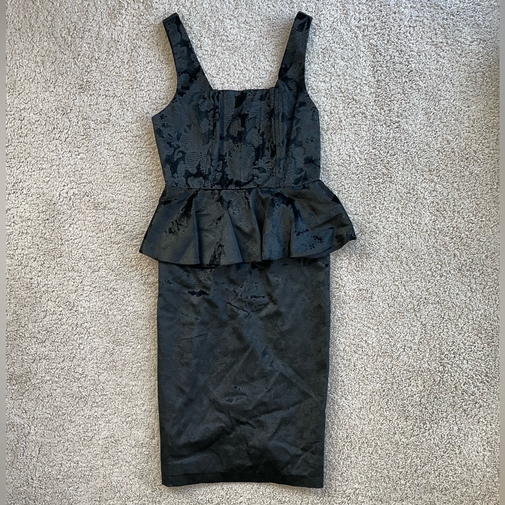 Alice + Olivia Black Velvet Corset Peplum Bodycon Sleeveless Midi Dress Size 4